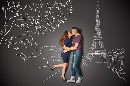 快乐情人节的爱情故事,浪漫的夫妇巴黎亲吻埃菲尔铁塔下粉笔绘画背景背景图片