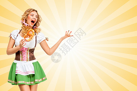 感的啤酒节女人穿着传统的巴伐利亚连衣裙,手里着个椒盐卷饼,五颜六色的抽象卡通风格背景图片