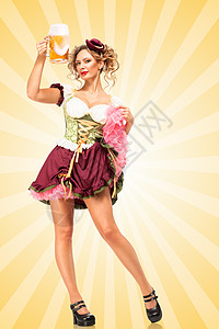漂亮的啤酒节女服务员穿着传统的巴伐利亚连衣裙,着个啤酒杯,五颜六色的抽象卡通风格背景下举杯图片