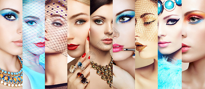 美女拼贴女人的脸群人时尚照片化妆珠宝图片