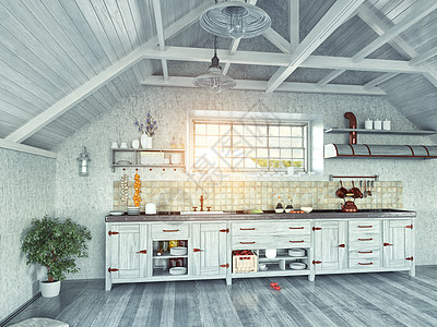 现代厨房内部与岛屿阁楼3D图片