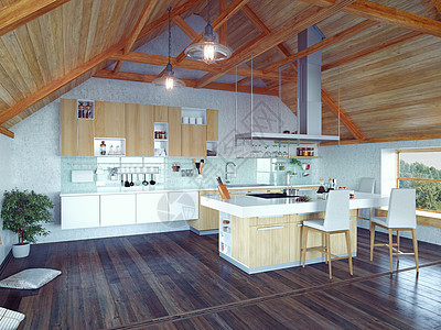 现代厨房内部与岛屿阁楼3D图片