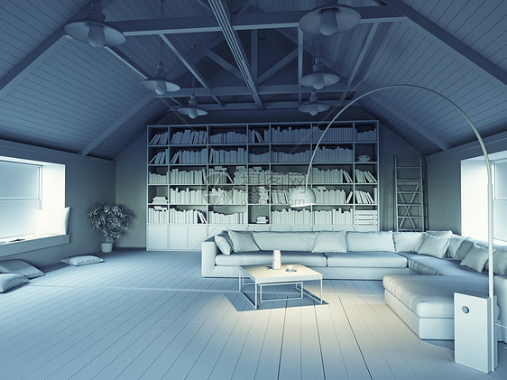 美丽的现代阁楼室内三维理念灰度效应图片
