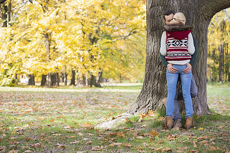 秋天公园里热情的夫妇抗树干图片