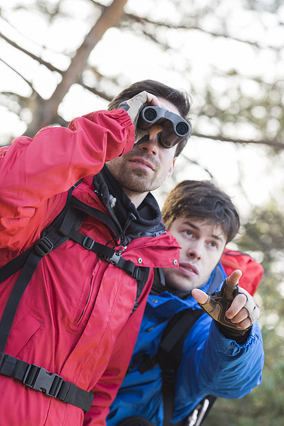 男徒步旅行者用望远镜,而朋友森林里给他看东西图片