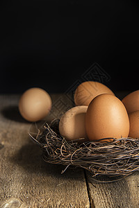 新鲜鸡蛋鸟巢的复古风格穆迪自然照明图片