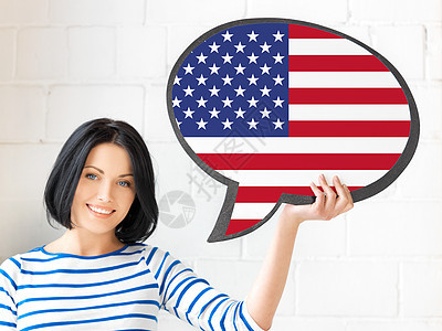 教育,外语,英语,人与沟通的微笑的女人着美国的文字泡沫图片
