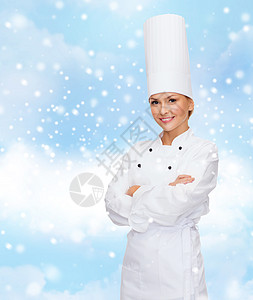 诞节,烹饪,假日人的微笑的女厨师,厨师包师梦想蓝色的雪天云背景背景图片