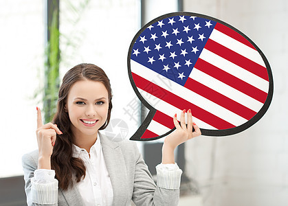 教育,外语,英语,人与沟通的微笑的女人着美国的文字泡沫图片