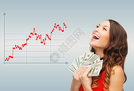 商业,人金钱的微笑的女商人美元现金灰色背景外汇图表上升图片