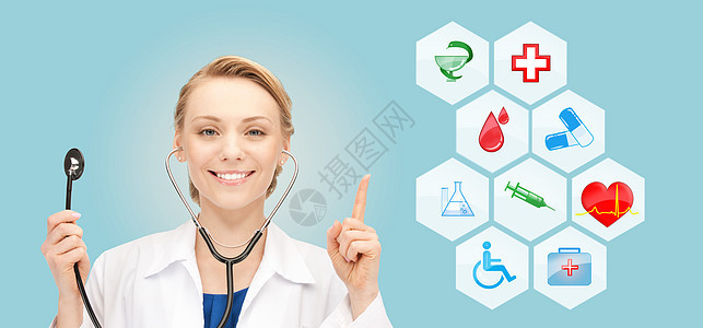 医疗保健,医学,人符号微笑的轻医生护士医学图标蓝色背景图片