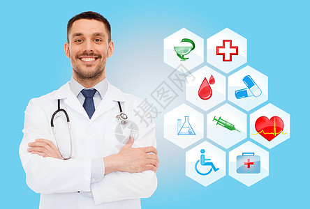 医疗保健,职业,符号,人医学微笑的男医生,带听诊器,白色外套,蓝色背景,带医学图标图片