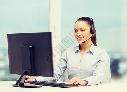 商务,沟通呼叫中心友好的女帮助热线运营商与耳机图片