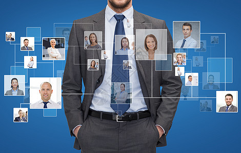 公司业务,人员合作密切的商人蓝色背景与图标的联系图片
