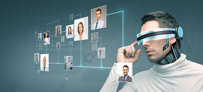 人,技术,未来进步人与未来的3D眼镜微芯片植入传感器蓝色背景与网络联系人图标图片