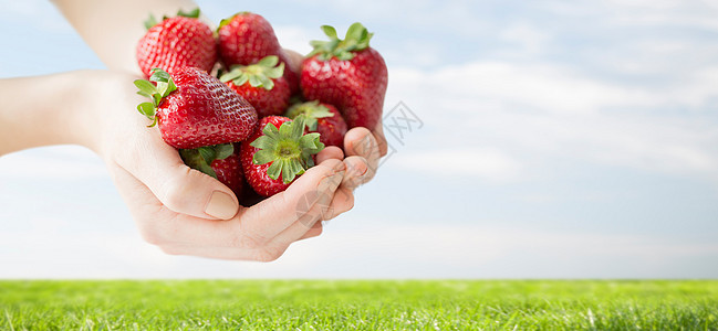 健康的饮食,节食,素食人们的靠近女人的手着成熟的草莓草地蓝天背景上图片