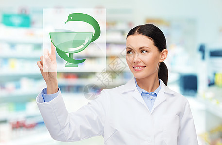 医药,药房,人,保健药理学的快乐的轻女药剂师蛇杯子的医学象征药店背景图片