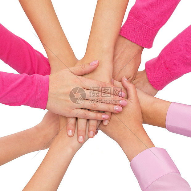 女权主义,妇女权力乳腺癌意识的密切妇女的手彼此的白色背景图片
