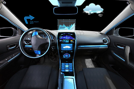 运输,目的地现代技术汽车沙龙与导航系统仪表板元传感器挡风璃图片
