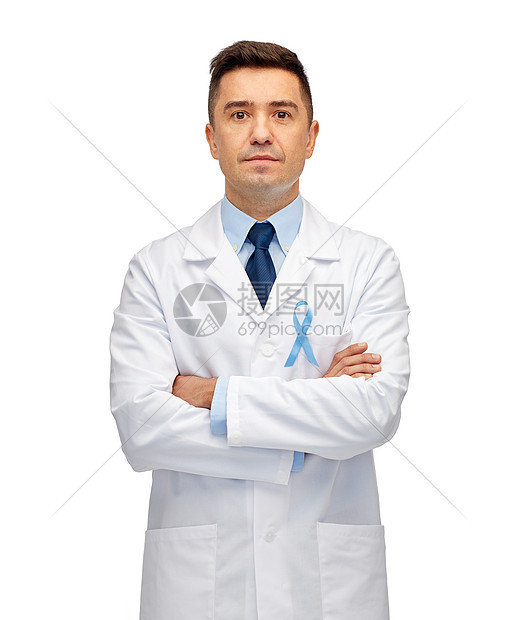 医疗保健,专业,人医学男医生穿着白色外套与天蓝色前列腺癌意识丝带图片