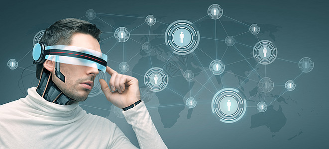 人,技术,未来进步人与未来的3D眼镜微芯片植入传感器蓝色背景与世界网络联系人图标图片