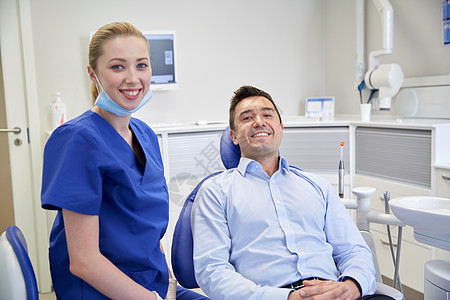 人,医学,口腔科保健快乐的女牙医与男病人牙科诊所办公室图片