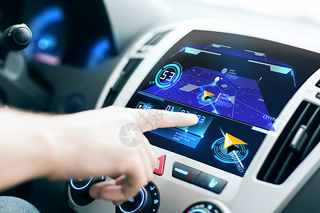 运输,目的地,现代技术人的男手搜索路线用导航系统汽车仪表板屏幕图片