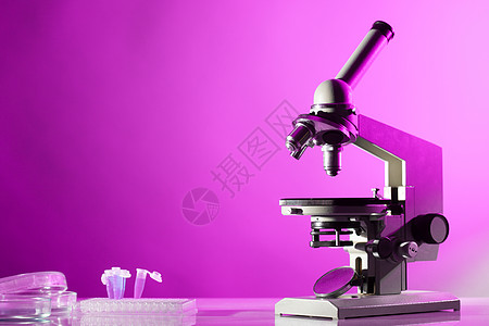 实验室用粉红色的光桌子上的显微镜显微镜图片