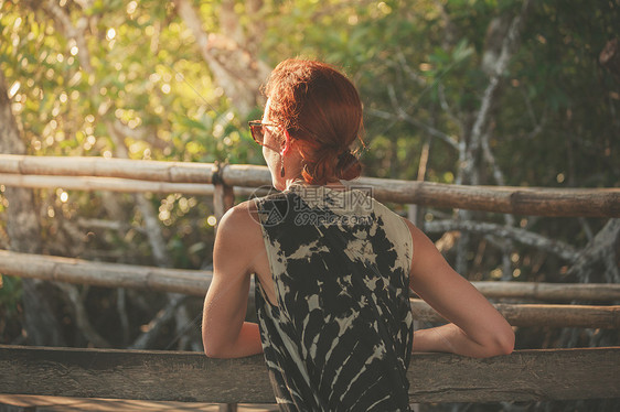 日落时,位轻女子坐丛林中的长凳上图片