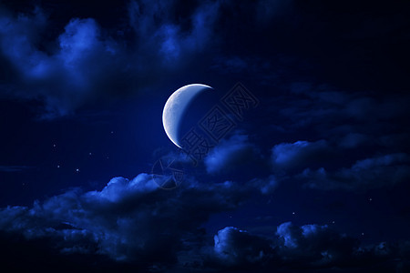夜蓝色多云的天空星星月牙形图片