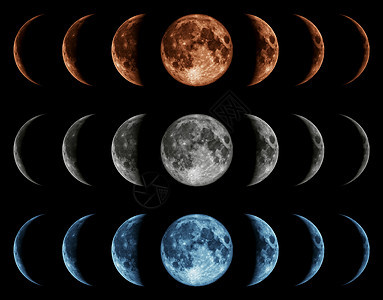 月球的七个阶段隔离黑色的背景上灰色,蓝色,红色图片