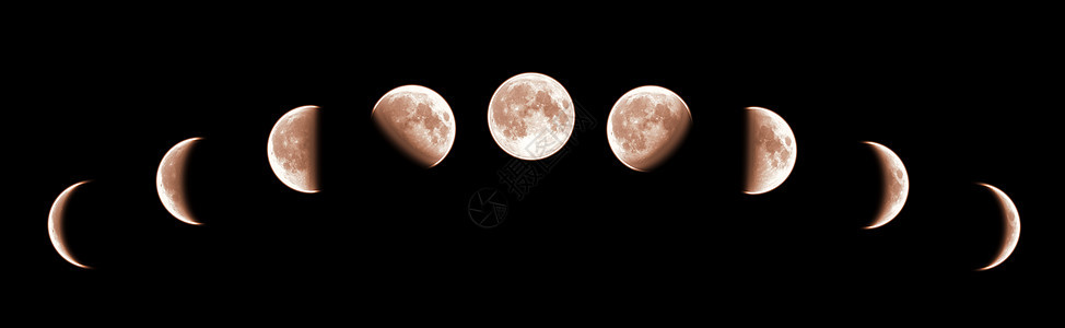 月球黑色背景上分离的全生长周期的九个阶段图片