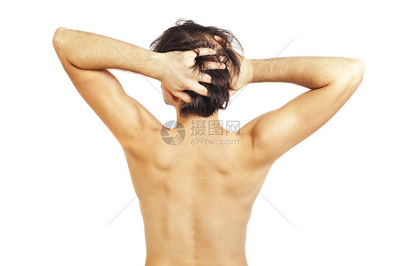 轻的男子的背部,美丽的身体孤立白色的背景上图片