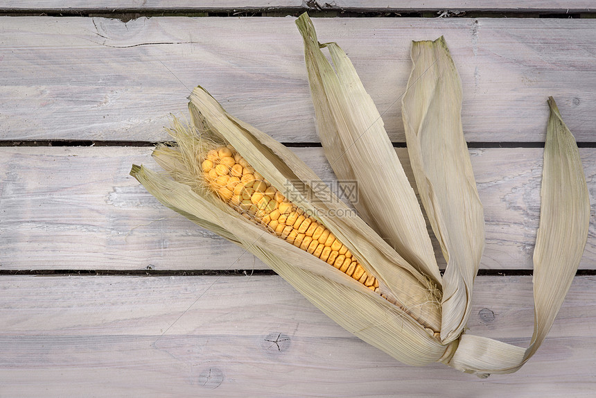 木制木板上新鲜的生玉米图片