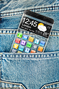 未来主义智能手机Phablet,透明的展示牛仔裤的口袋里实际未来创新理念最佳技术人图片