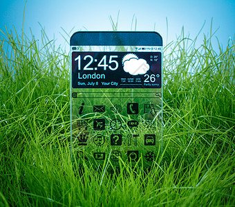 未来派智能手机与透明蓝天背景实际未来创新理念图片