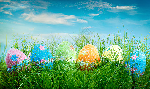 蓝天背景下的草地上装饰复活节彩蛋图片