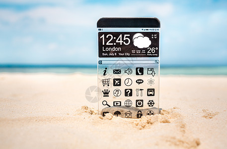 未来主义智能手机Phablet海滩上的沙滩上个透明的器实际未来创新理念最佳技术人图片
