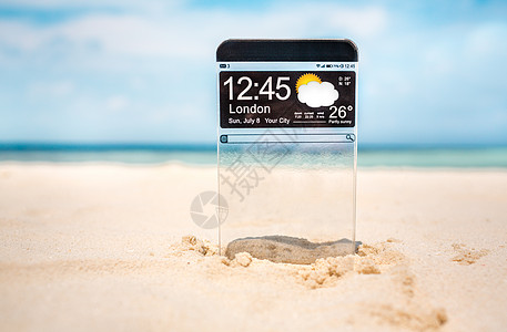 沙滩图标未来主义智能手机与透明沙滩上实际未来创新理念最佳技术人背景