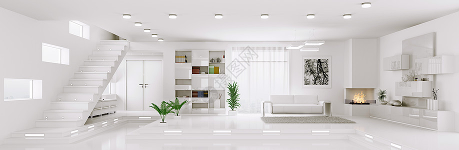 白色公寓内部客厅大厅全景三维渲染图片