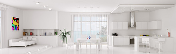 白色公寓内部厨房餐厅全景三维渲染图片