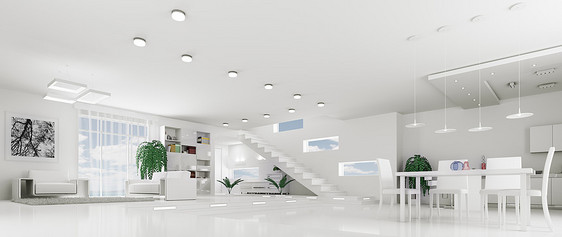 现代白色公寓内部客厅大厅全景三维渲染图片