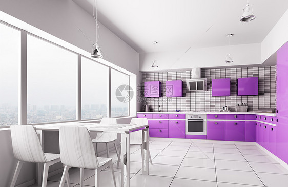 现代厨房三维渲染的内部图片