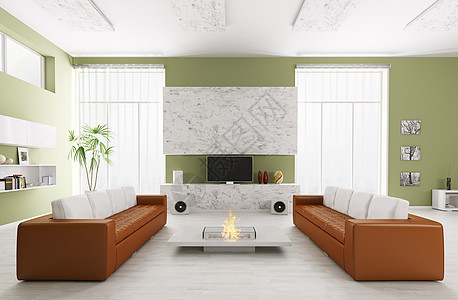 现代客厅内部两个沙发电视3D渲染图片