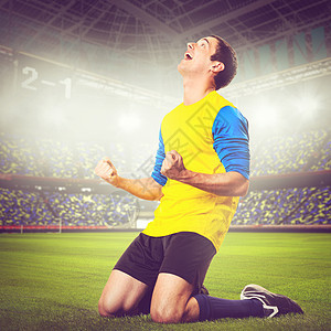 足球足球运动员正体育场庆祝进球,温暖的颜调图片