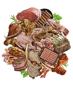 白色背景下肉类产品的分类图片