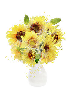 水彩数码画向日葵花花瓶里图片