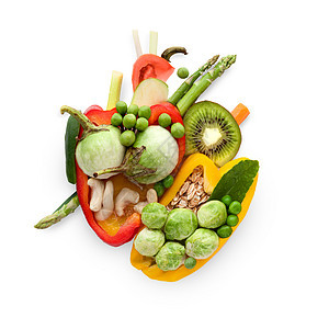 颗健康的人类心脏,由水果蔬菜制成,聪明饮食的食物图片