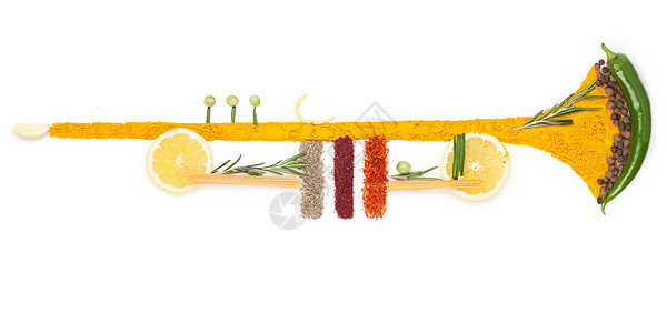 由水果蔬菜香料制成的喇叭的彩色照片图片