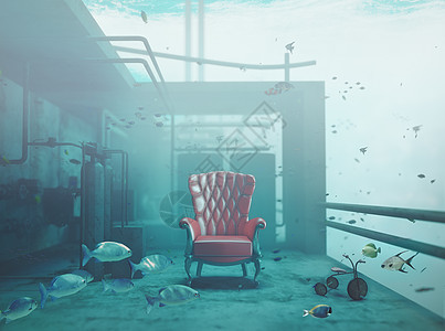 水下红色豪华扶手椅CG照片合成的背景图片